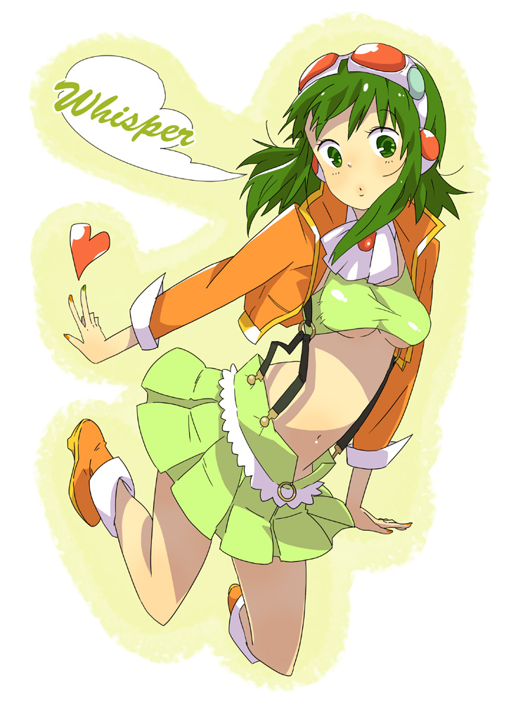 boots, breasts, english, goggles, goggles_on_head, green_eyes, green_hair, gumi