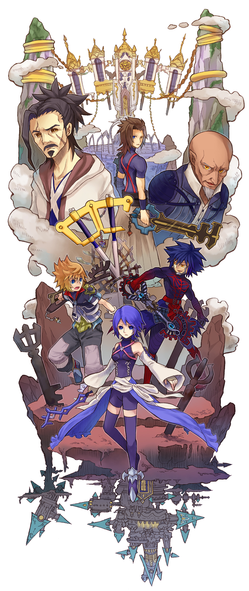 aqua_(kingdom_hearts), bald, beard, black_hair, black_legwear, blonde_hair, blue_eyes, blue_hair