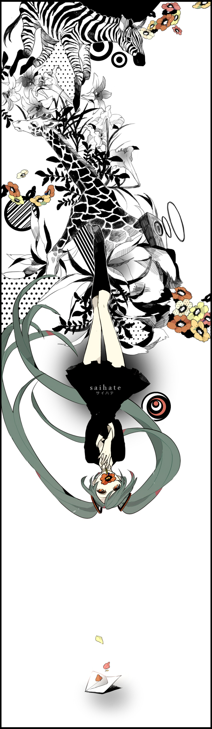 absurdres, aqua_hair, black_legwear, covering, covering_face, covering_mouth, envelope, flower, giraffe, hands_together, hatsune_miku, highres, kneehighs, lily_(flower), long_hair, long_image, o-ishi, petals, saihate_(vocaloid), solo, speaker, spot_color, tall_image, upside-down, very_long_hair, vocaloid, zebra