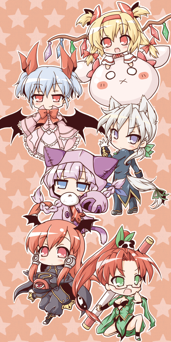 :x, alternate_costume, alternate_hairstyle, animal_ears, bat_wings, bespectacled, black_bra, blazblue, blonde_hair, blue_eyes, blue_hair, bra, cape, cat_ears, chibi, cosplay, dog_ears, dress, fang, flandre_scarlet, glasses, green_hair, hair_ornament, hair_ribbon, hat, hat_with_ears, highres, hong_meiling, izayoi_sakuya, kemonomimi_mode, koakuma, lingerie, litchi_faye_ling, litchi_faye_ling_(cosplay), long_hair, low-tied_long_hair, multiple_girls, neko_yume, o_o, open_dress, open_mouth, panda, pants, patchouli_knowledge, payot, pink_dress, platinum_the_trinity, platinum_the_trinity_(cosplay), ponytail, purple_hair, quad_tails, rachel_alucard, rachel_alucard_(cosplay), red_eyes, red_hair, redhead, remilia_scarlet, ribbon, shirt, short_twintails, silver_hair, skirt, smile, star, tail, taokaka, taokaka_(cosplay), the_embodiment_of_scarlet_devil, touhou, tsubaki_yayoi, tsubaki_yayoi_(cosplay), tuxedo, twintails, two_side_up, underwear, valkenhayn_r_hellsing, valkenhayn_r_hellsing_(cosplay), wings