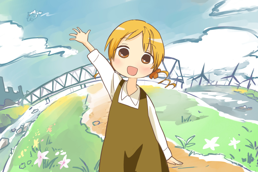blonde_hair, bridge, drill_hair, hair_ornament, kyubey, mahou_shoujo_madoka_magica, open_mouth, parody, river, shiotan, smile, solo, style_parody, tomoe_mami, ufo, waving, wind_turbine, windmill, yellow_eyes, young, yuru_yuri