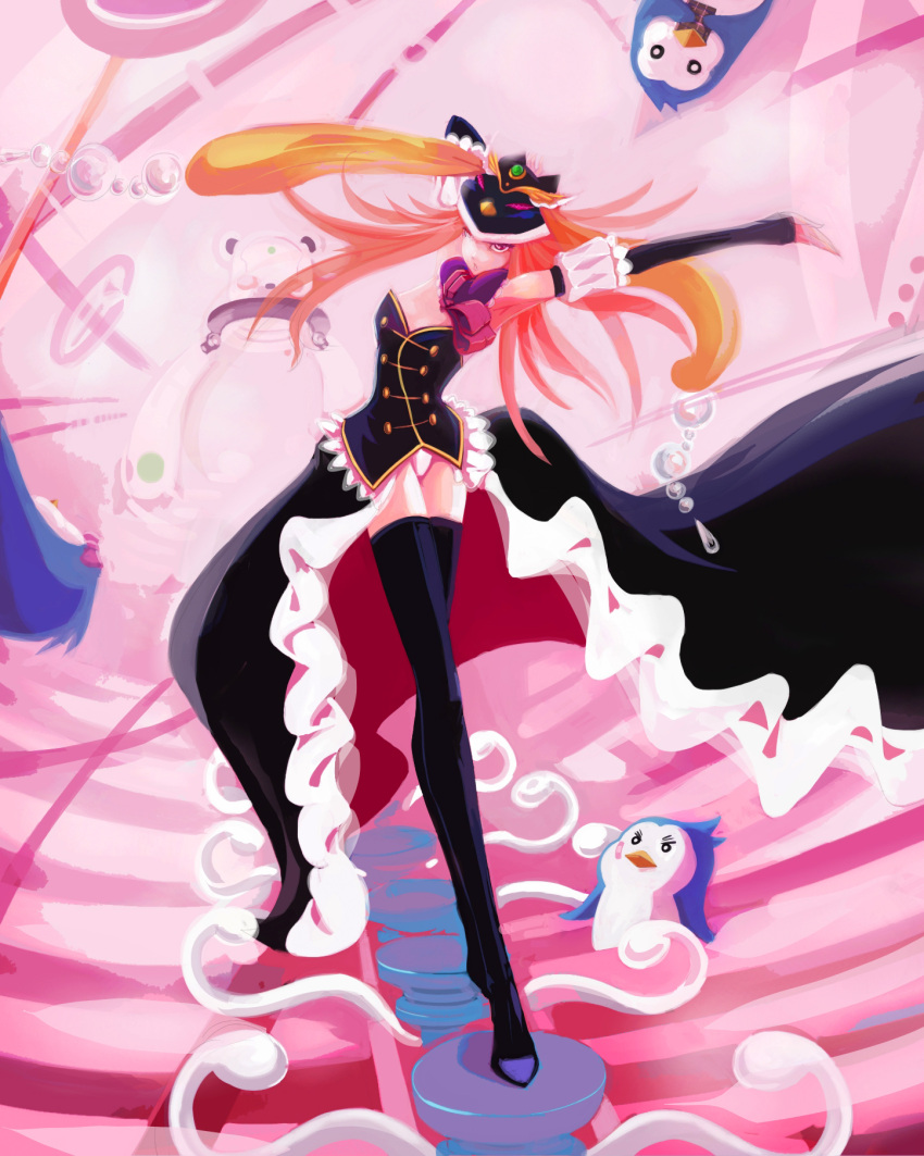 bird, black_legwear, boots, brown_hair, hat, highres, long_hair, mawaru_penguindrum