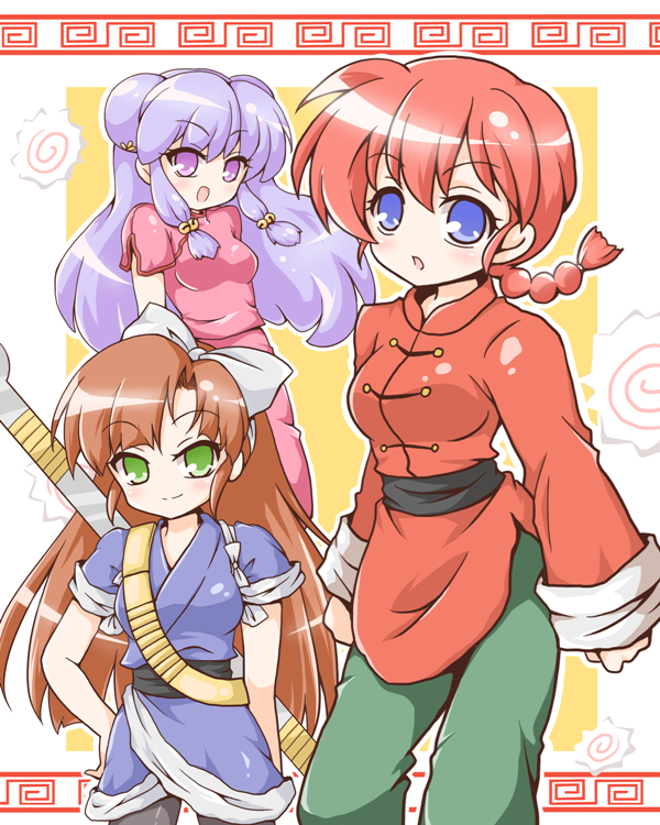 bell, blue_eyes, bow, braid, breasts, brown_hair, genderswap, green_eyes
