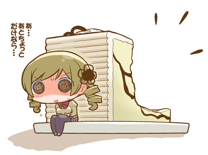 @_@, blonde_hair, breasts, cake, chibi, drill_hair, food, gerotan, hair_ornament, mahou_shoujo_madoka_magica, pantyhose, plaid, plaid_skirt, pleated_skirt, school_uniform, skirt, solo, sweat, tomoe_mami, translated, translation_request