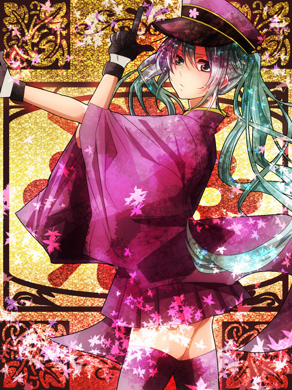 aqua_eyes, aqua_hair, gloves, hat, hatsune_miku, japanese_clothes, long_hair, peaked_cap