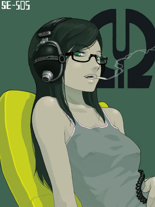 black_hair, cable, chair, cigarette, cord, glasses, green_eyes, headphones, long_hair, no_bra, original, ozawa_tomohiro, pioneer, smoking, tank_top