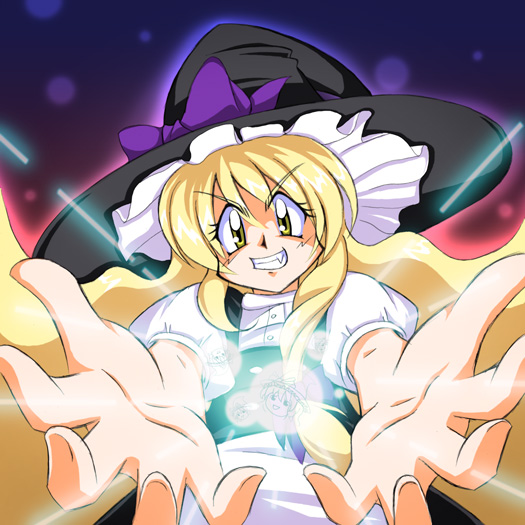 anime_coloring, araizumi_rui_(style), blonde_hair, fang, grin, hat, kirisame_marisa, long_hair, magic, parody, slayers, smile, solo, style_parody, touhou, tri, witch, witch_hat, yellow_eyes, yukkuri_shiteitte_ne
