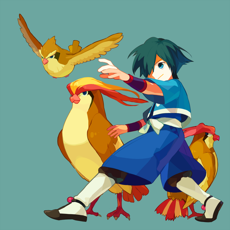 1boy, bird, blue_eyes, green_eyes, green_hair, gym_leader, hayato_(pokemon), male