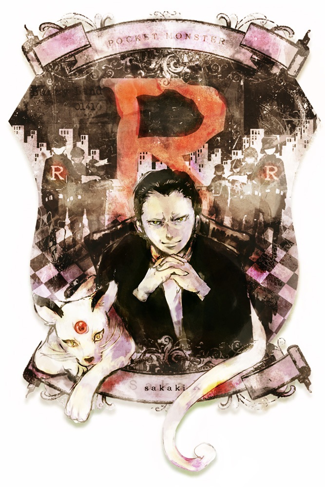 1boy, character_name, checkered, male, persian, pokemon, pokemon_(creature), sakaki_(pokemon)