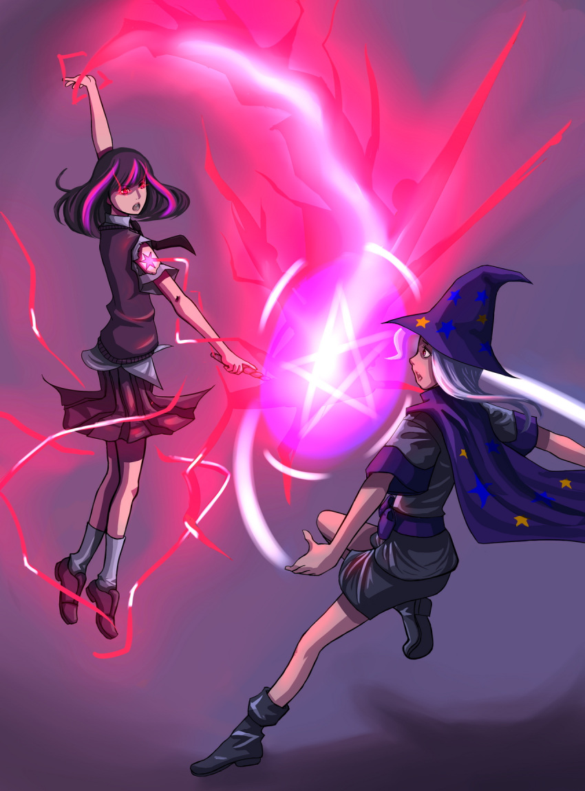 2girls, blue_hair, boots, cape, glowing, glowing_eyes, highres, long_hair