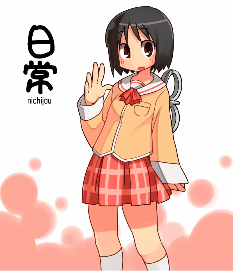 black_hair, brown_eyes, kneehighs, looking_at_viewer, nichijou, plaid, plaid_skirt, pleated_skirt