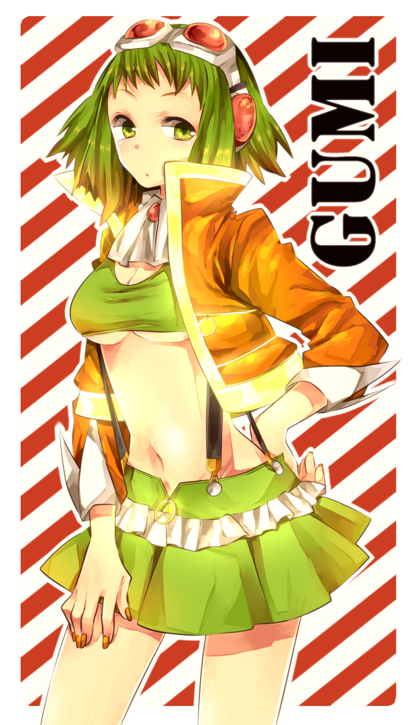absurdres, breasts, cleavage, goggles, goggles_on_head, green_eyes, green_hair, gumi