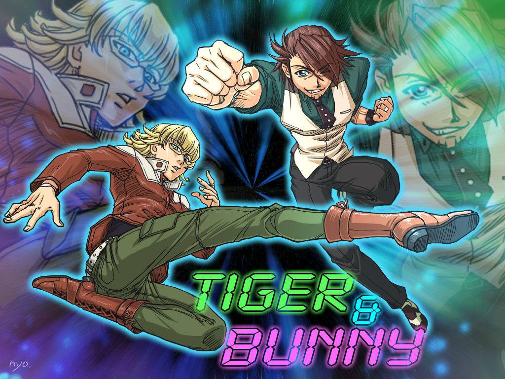 barnaby_brooks_jr, belt, blonde_hair, blue_eyes, boots, brown_hair, facial_hair, glasses, glowing, jacket, jewelry, kaburagi_t_kotetsu, kicking, male, multiple_boys, necklace, necktie, nyozomi, punching, red_jacket, short_hair, stubble, studded_belt, tiger_&amp;_bunny, vest, waistcoat, watch, wristwatch, zoom_layer