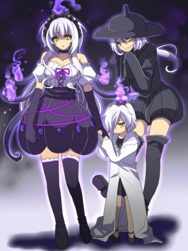 blue_fire, chandelure, elbow_gloves, fire, gloves, grin, lampent, litwick, personification, pokemon, pokemon_(game), pokemon_black_and_white, pokemon_bw, sakura_(lilak_a), smile, thighhighs, white_hair, yellow_eyes