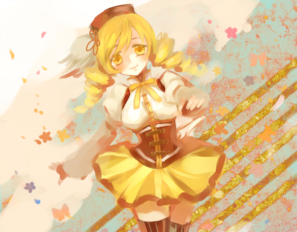 beret, blonde_hair, breasts, corset, detached_sleeves, drill_hair, fingerless_gloves, gloves