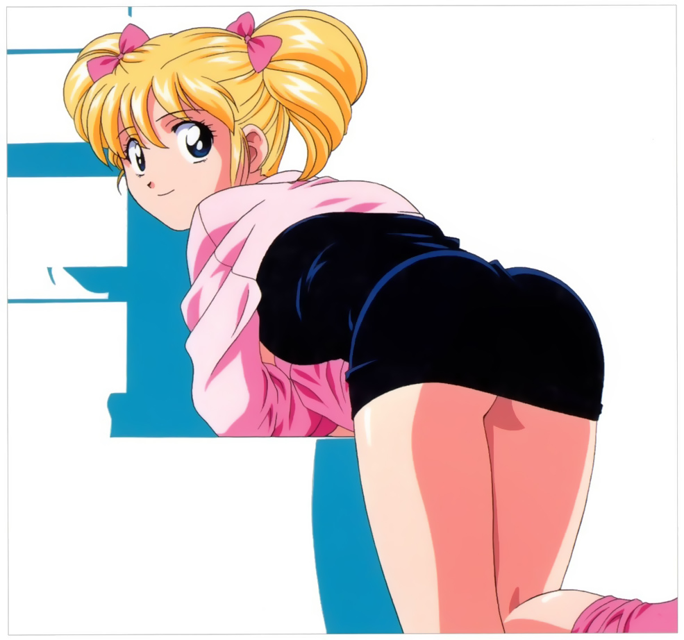 90s, artist_request, ass, ass_cheek, bent_over, blonde_hair, blue_eyes, bow, character_request, from_behind, hair_bow, idol_densetsu_eriko, long_hair, long_sleeves, looking_at_viewer, looking_back, miniskirt, official_art, oldschool, skirt, smile, solo, tamura_eriko, twintails, yamauchi_noriyasu