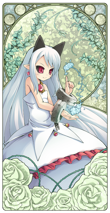 albino, bad_id, black_sclera, bubble_skirt, chain, chains, cross, cuffs, dress, earrings, flower, green_rose, handcuffs, horns, jewelry, leaf, long_hair, magic, phantom_kingdom, pointing, pointy_ears, pram, red_eyes, rose, solo, suizenji_juuzou, vines, white_hair
