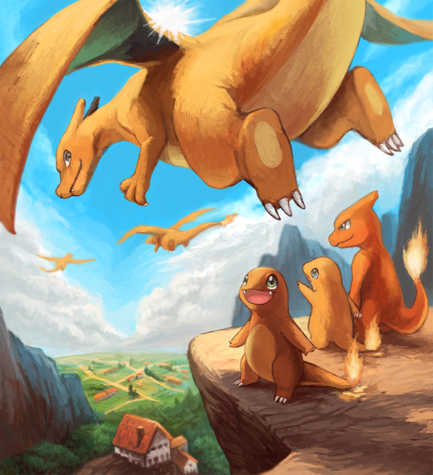 charizard, charmander, charmeleon, cloud, family, fire, inumura_(inu_noya), no_humans