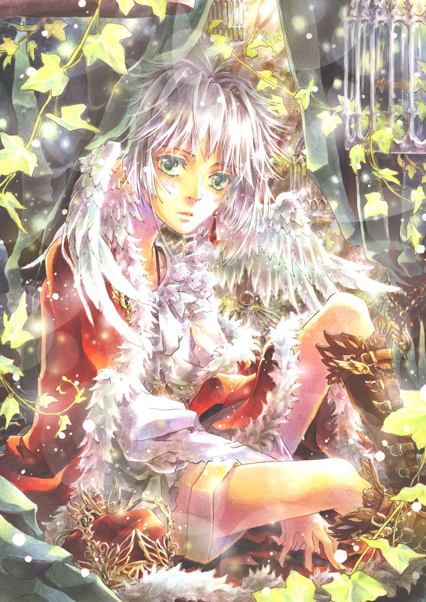 bad_id, birdcage, boots, cage, crown, green_eyes, highres, ivy