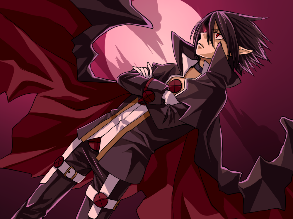 akatsuki_(kuon), black_hair, cape, choker, cloud, crossed_arms, disgaea, dutch_angle, formal, gloves, glowing, glowing_eye, makai_senki_disgaea_4, male, moon, pants, pointy_ears, red_eyes, solo, suit, valbatose, valvatorez_(disgaea), vampire, white_gloves