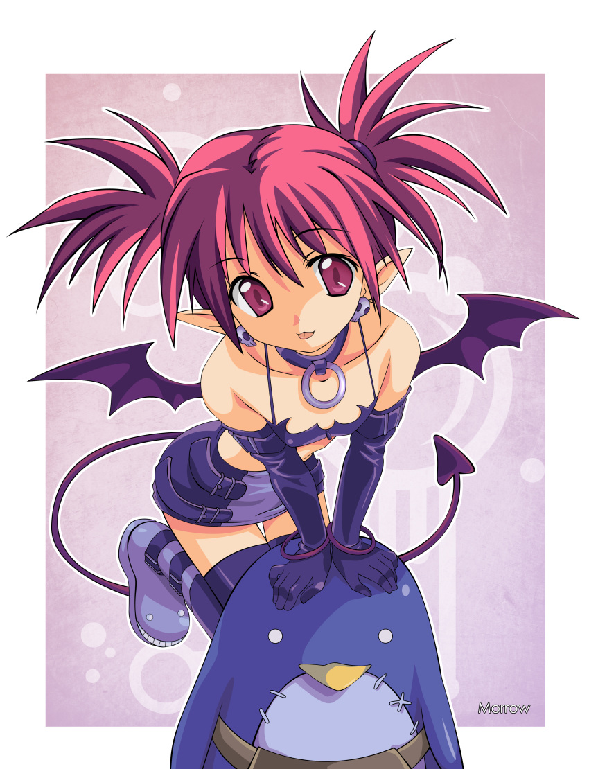 absurdres, bat_wings, black_gloves, black_legwear, choker, demon_girl, disgaea, earrings