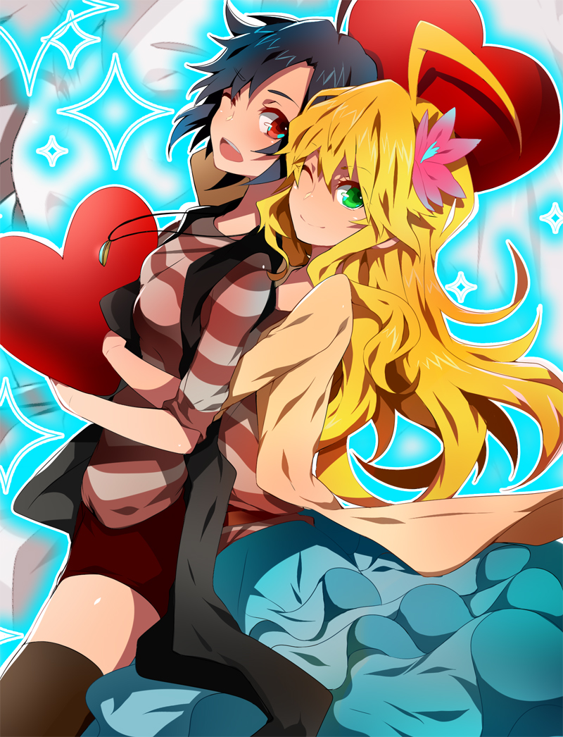 :d, ahoge, akishima_kei, black_hair, black_legwear, blonde_hair, brown_eyes, dress