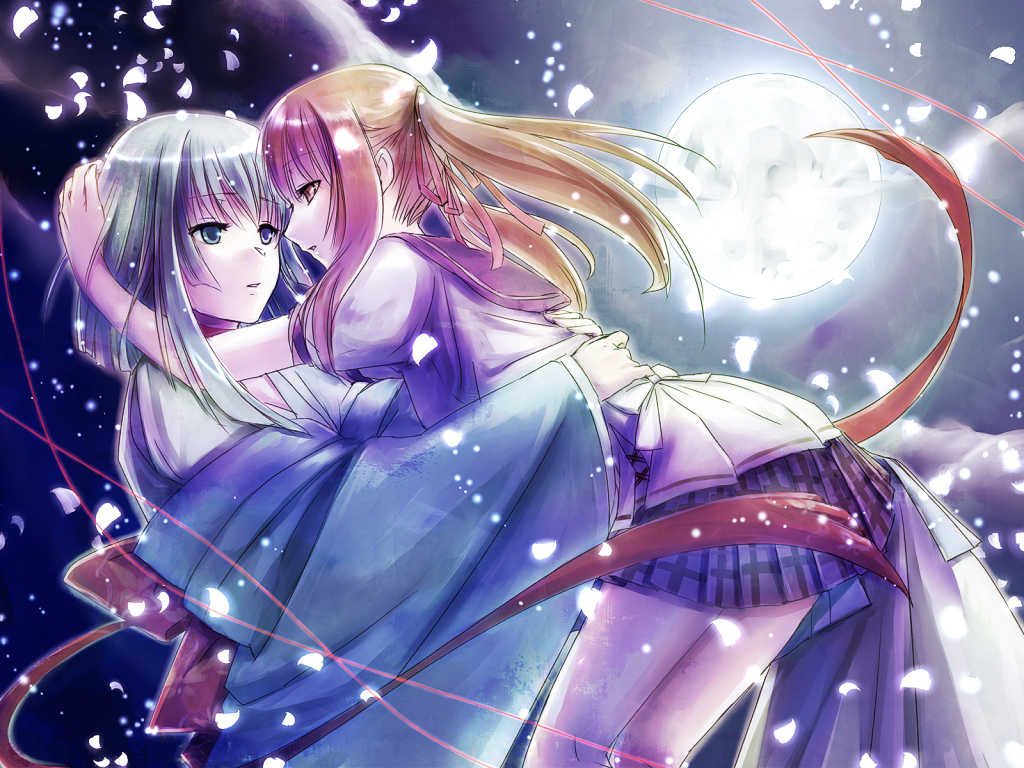 2girls, akai_ito, akaiito, blue_eyes, blue_hair, brown_eyes, brown_hair, eye_contact