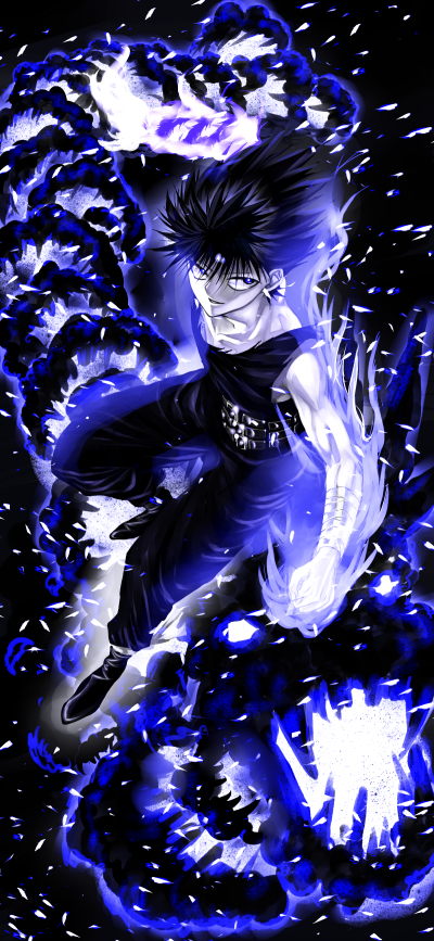 black_eyes, black_hair, flame, glowing, hiei, long_image, magic, male, short_hair, solo, stellacaelum, tall_image, yu_yu_hakusho, yuu_yuu_hakusho