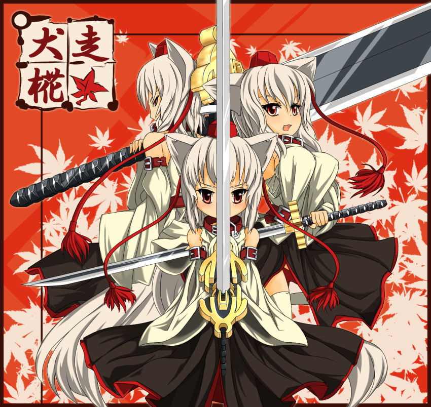 animal_ears, breasts, collar, detached_sleeves, hat, huge_weapon, inubashiri_momiji, katana, leaf, maple_leaf, multiple_persona, short_hair, sibelurabbi, skirt, smile, super_robot_wars, super_robot_wars_original_generation, sword, tail, thigh-highs, thighhighs, time_paradox, tokin_hat, touhou, weapon, white_hair, wolf_ears, wolf_tail, young, zankantou