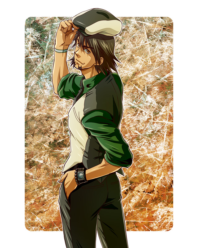 adjusting_hat, bracelet, brown_eyes, brown_hair, cabbie_hat, chorogi, facial_hair, hand_in_pocket