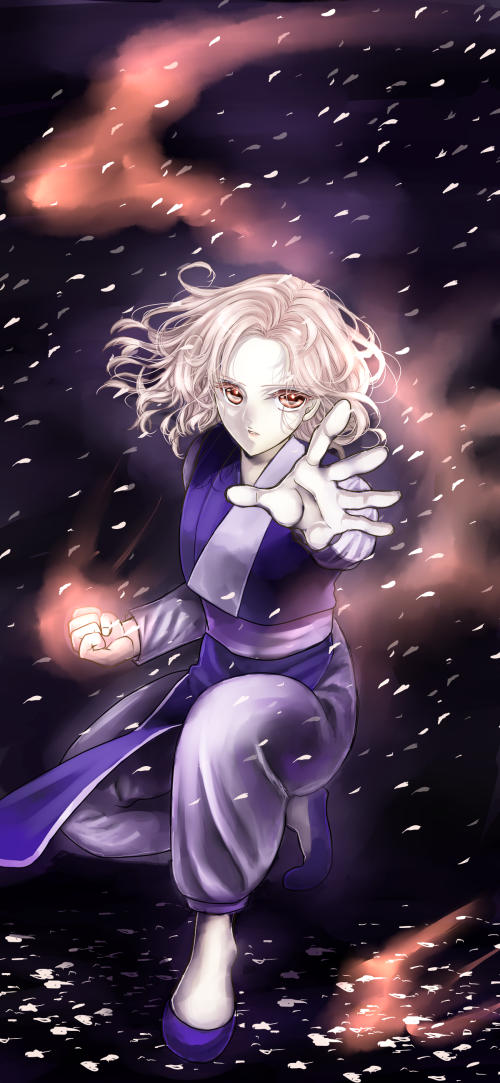 blonde_hair, clenched_hand, fight_stance, fist, genkai, petals, solo, stellacaelum