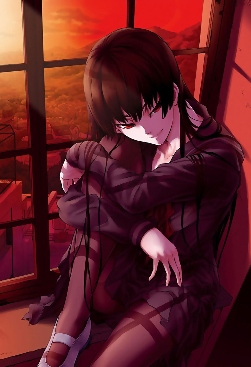 artist_request, black_hair, dusk_maiden_of_amnesia, ghost, highres, kanoe_yuuko, leg_hug, long_hair