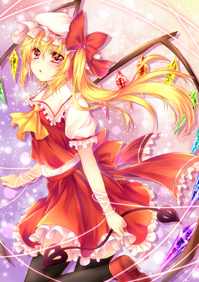 blonde_hair, flandre_scarlet, hat, red_eyes, side_ponytail, solo, the_embodiment_of_scarlet_devil, touhou