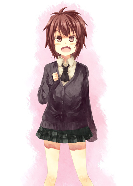 brown_eyes, brown_hair, cardigan, fang, kouji_(campus_life), necktie, open_mouth, short_hair