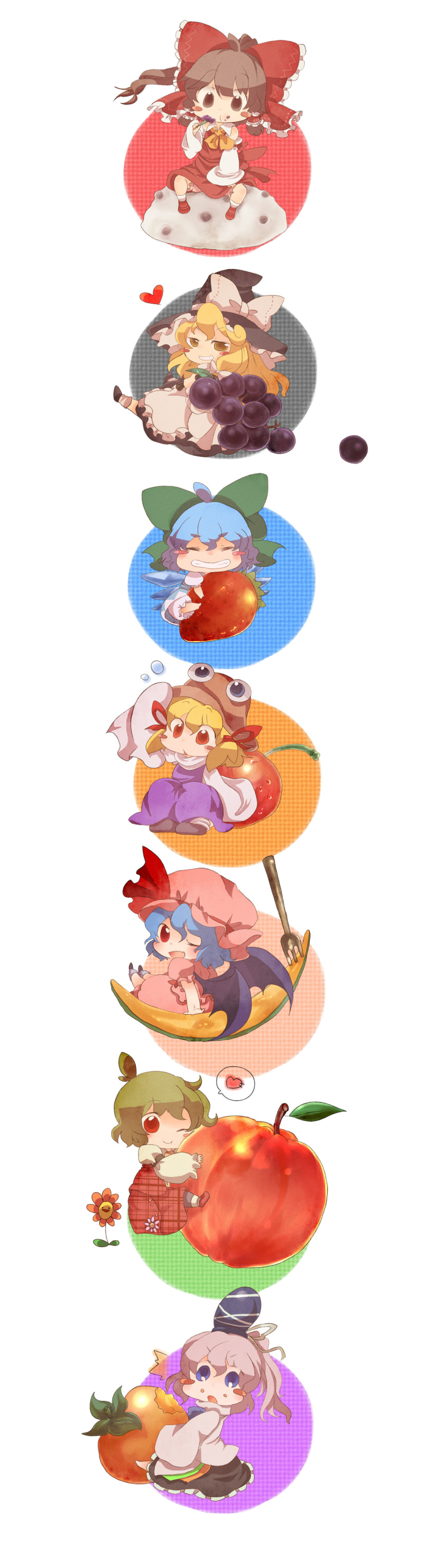 6+girls, absurdres, alternate_eye_color, apple, ascot, bat_wings, blonde_hair, blue_dress