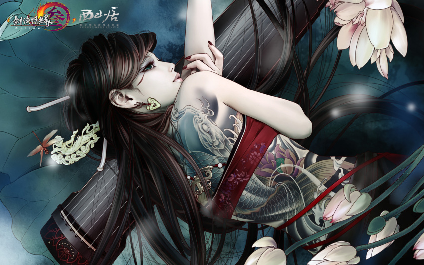 bare_shoulders, black_hair, dragonfly, earrings, fish, flower, full_body_tattoo, green_eyes, guqin, highres, instrument, jewelry, jianxia_qingyuan_3, lips, nail_polish, official_art, realistic, solo, tattoo, zhang_xiaobai