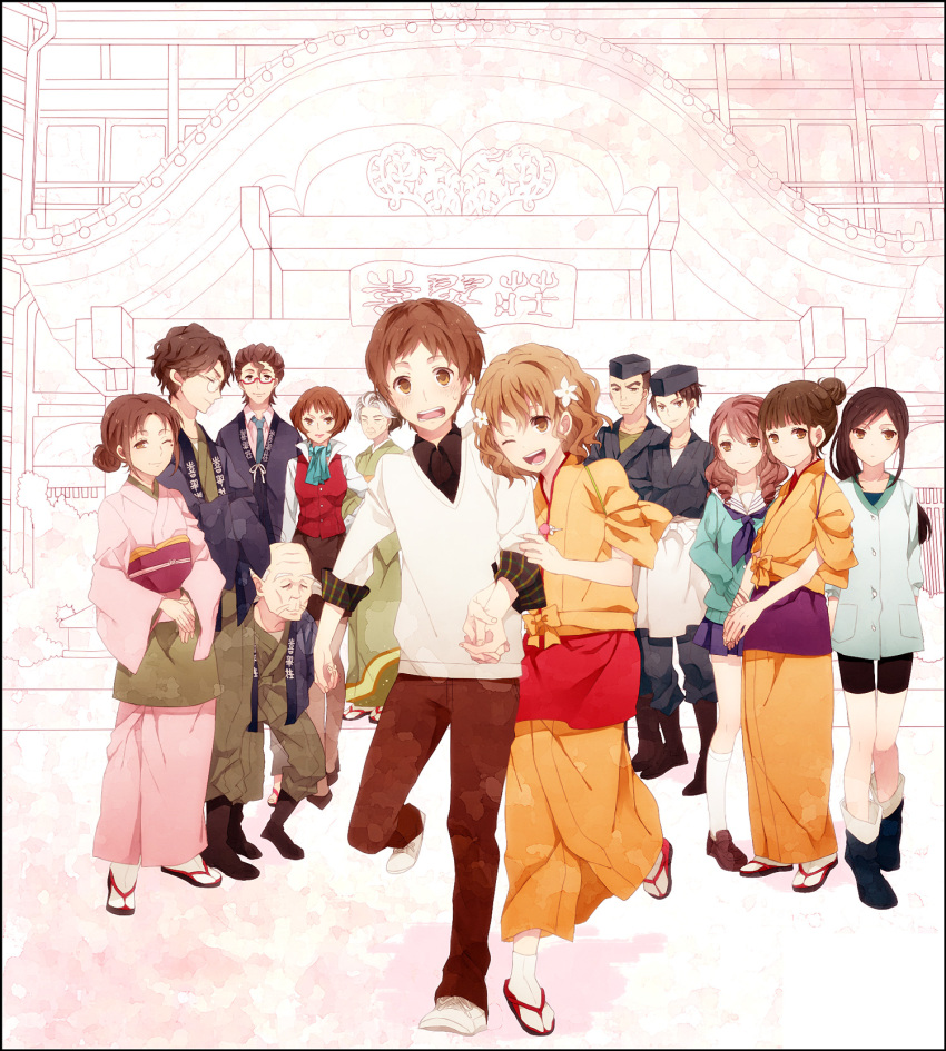 everyone, hair_ornament, hanasaku_iroha, hand_holding, highres, holding_hands, japanese_clothes, jiroumaru_tarou