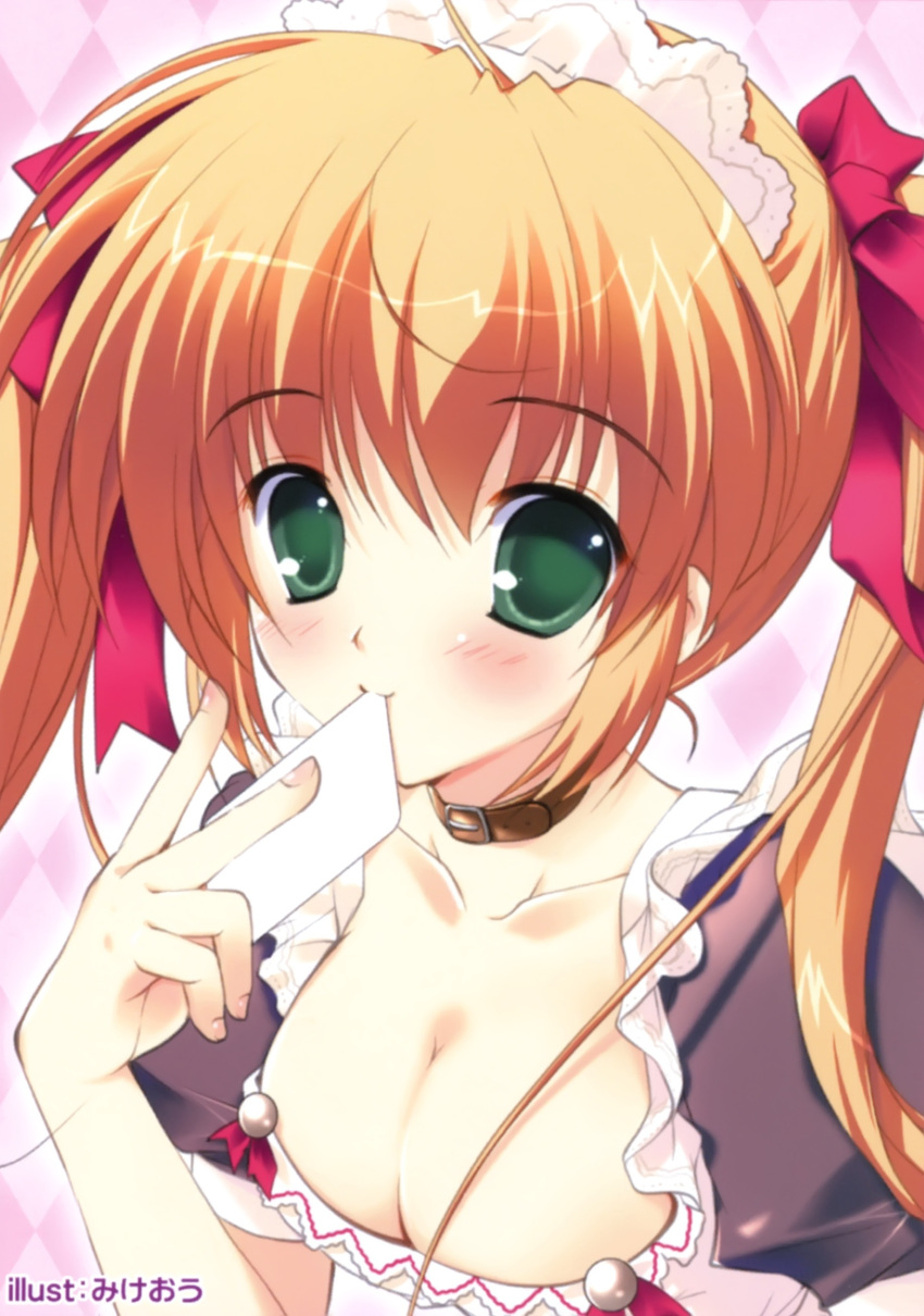 absurdres, bangs, blonde_hair, blush, breasts, card, card_in_mouth, cleavage