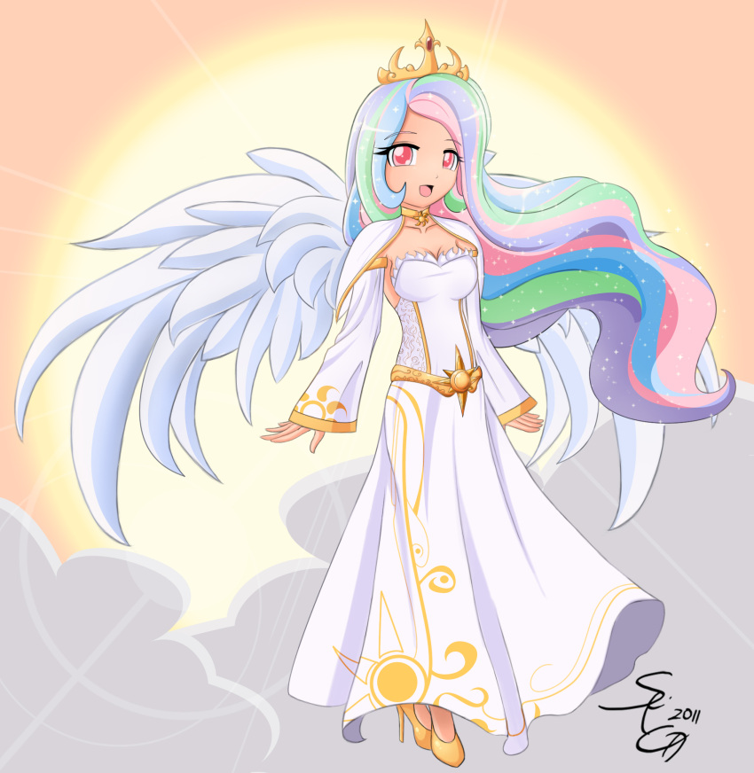 celestia, celestia_(my_little_pony), choker, cleavage, cloud, crown, detached_sleeves, dress