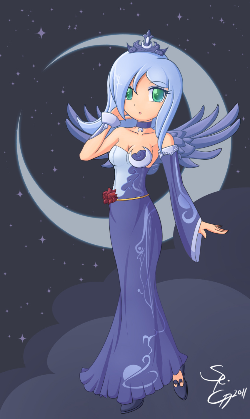 asymmetrical_clothes, asymmetrical_clothing, bare_shoulders, blue_hair, breasts, choker, cleavage, cloud