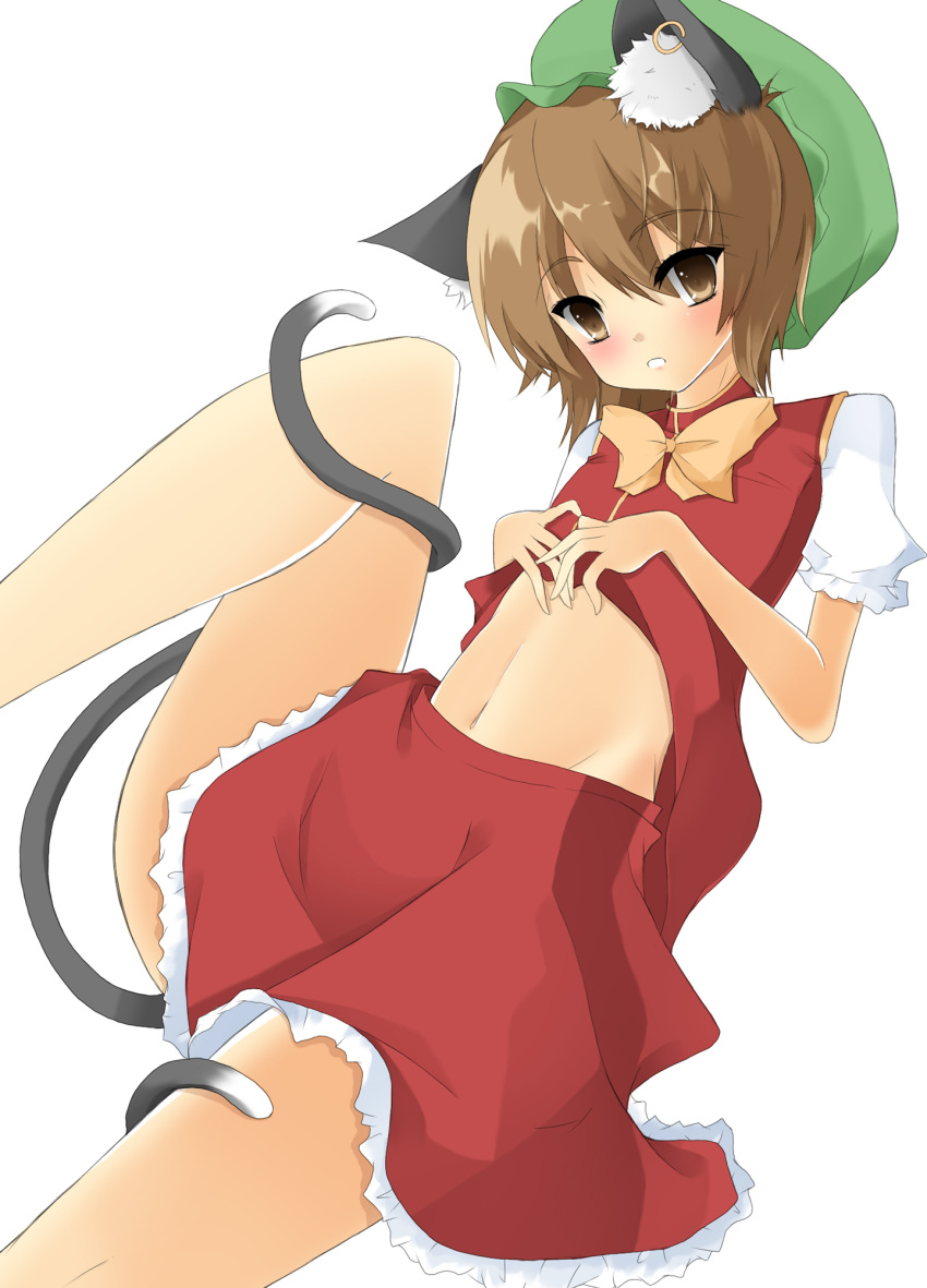 animal_ears, blush, brown_eyes, brown_hair, cat_ears, cat_tail, chen, earrings