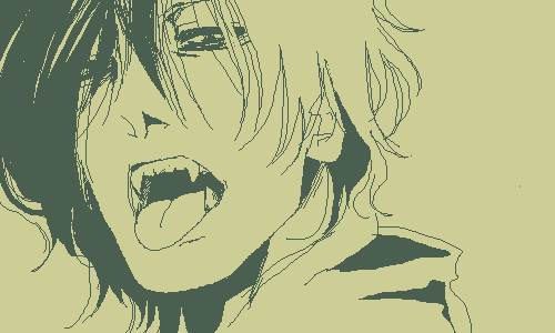 face, fangs, green, hellsing, lowres, male, monochrome, oekaki