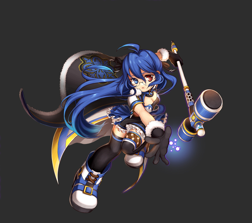 absurdres, black_gloves, black_legwear, blue_eyes, blue_hair, breasts, cape, cleavage