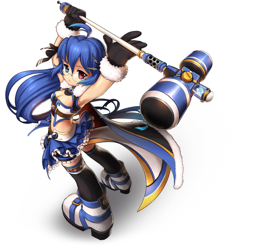 absurdres, ahoge, arms_up, black_legwear, blue_eyes, blue_hair, boots, breasts