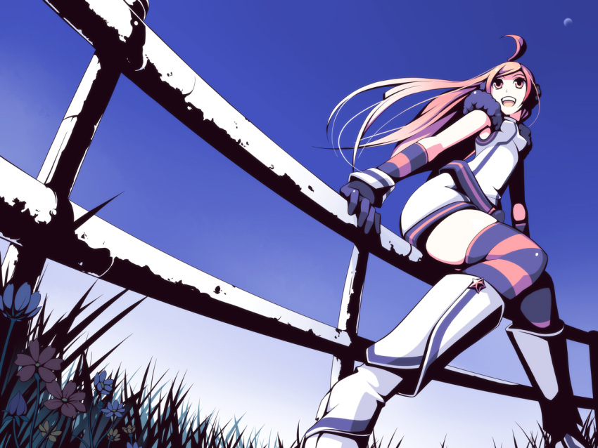 android, blue_sky, blush, boots, earmuffs, fence, fish_eye, flower, fur_collar, gloves, grass, headphones, headset, kneehighs, long_hair, looking_up, miki_(vocaloid), open_mouth, red_eyes, sf-a2_miki, sitting, sky, smile, socks, solo, striped, striped_gloves, striped_kneehighs, thigh-highs, torigoe_takumi, very_long_hair, vocaloid, wrist_cuffs