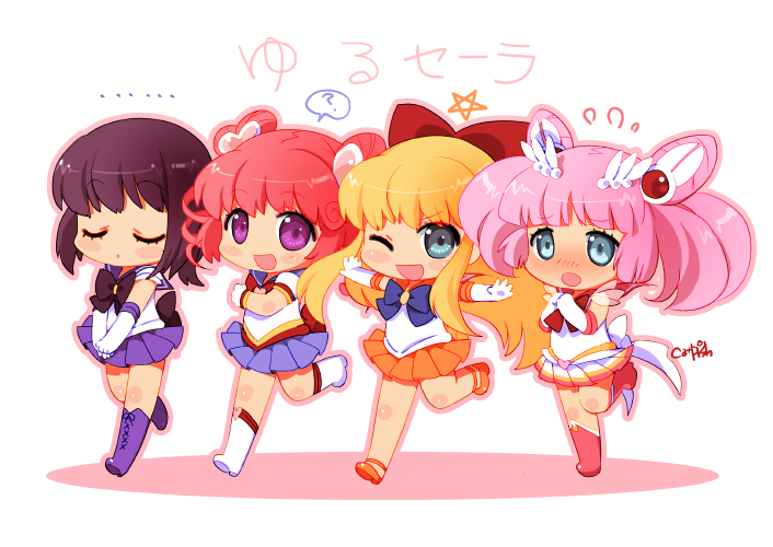 akaza_akari, bishoujo_senshi_sailor_moon, black_hair, blush, chibi, chibi_chibi, chibi_chibi_(cosplay), chibi_usa, chibi_usa_(cosplay), child, cosplay, funami_yui, look-alike, magical_girl, multiple_girls, neko_sakana, pink_hair, red_hair, redhead, sailor_chibi_chibi, sailor_chibi_chibi_(cosplay), sailor_saturn, sailor_saturn_(cosplay), sailor_senshi, sailor_senshi_(cosplay), sailor_venus, sailor_venus_(cosplay), super_sailor_chibi_moon, super_sailor_chibi_moon_(cosplay), toshinou_kyouko, white_background, wink, yoshikawa_chinatsu, yuru_yuri