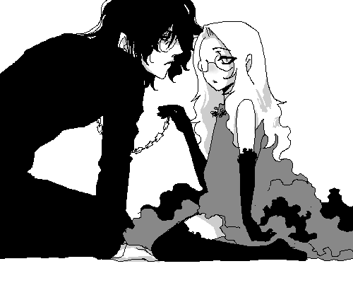 1girl, age_difference, alucard_(hellsing), couple, dress, glasses, gloves, hellsing