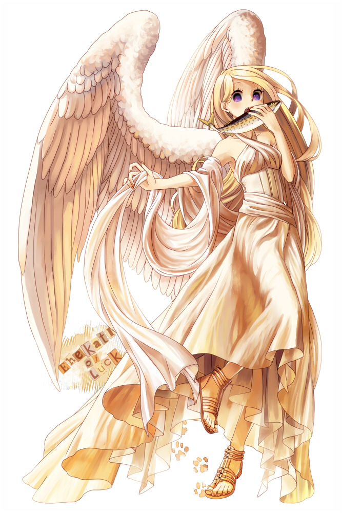 ehekatl_of_luck, elona, fish, long_hair, purple_eyes, robe, sandals, sash