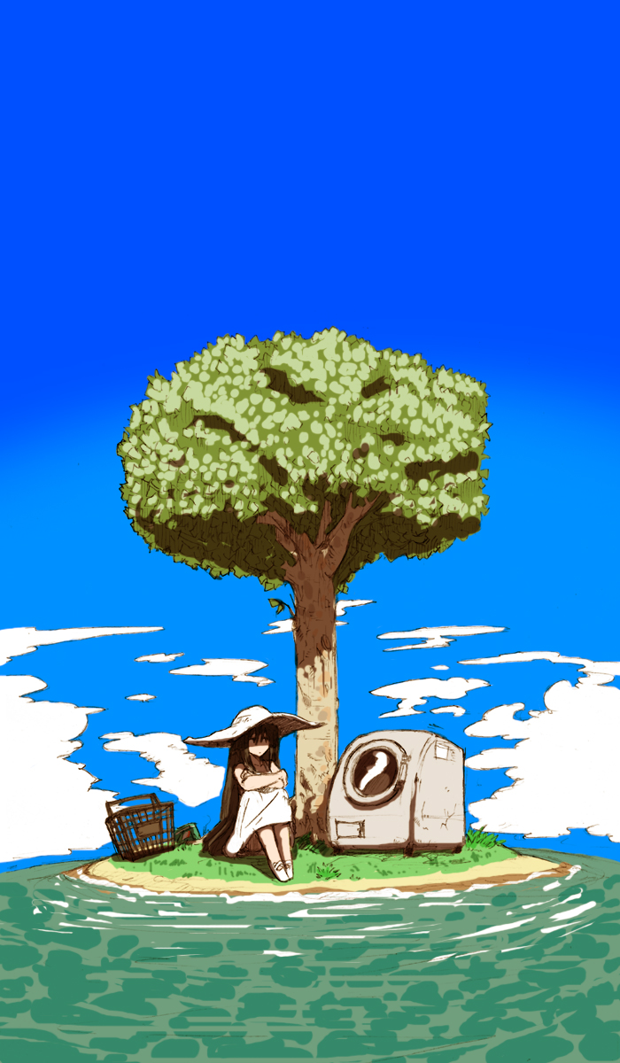 dress, hat, highres, island, laundry_basket, laundry_machine, original, sitting, sky, solo, sonjow4, sun_hat, tree, washing_machine, water, white_dress