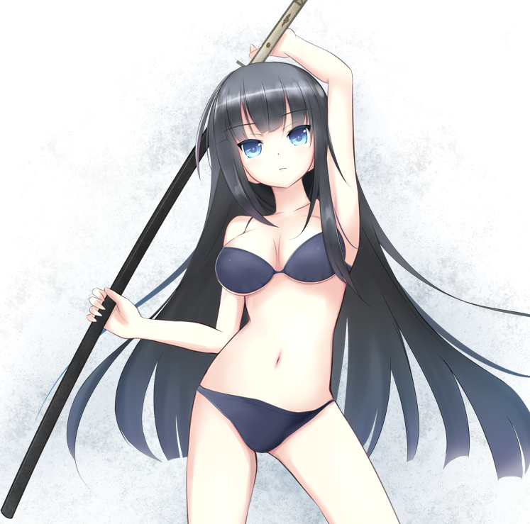 black_hair, blue_eyes, blush, breasts, character_request, ikaruga_(senran_kagura), katana, kirimoti34